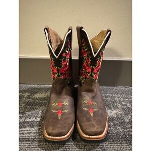 Mexican Leather Western Cowboy Boots Red Rose Floral Embroidery Square Toe 23.5